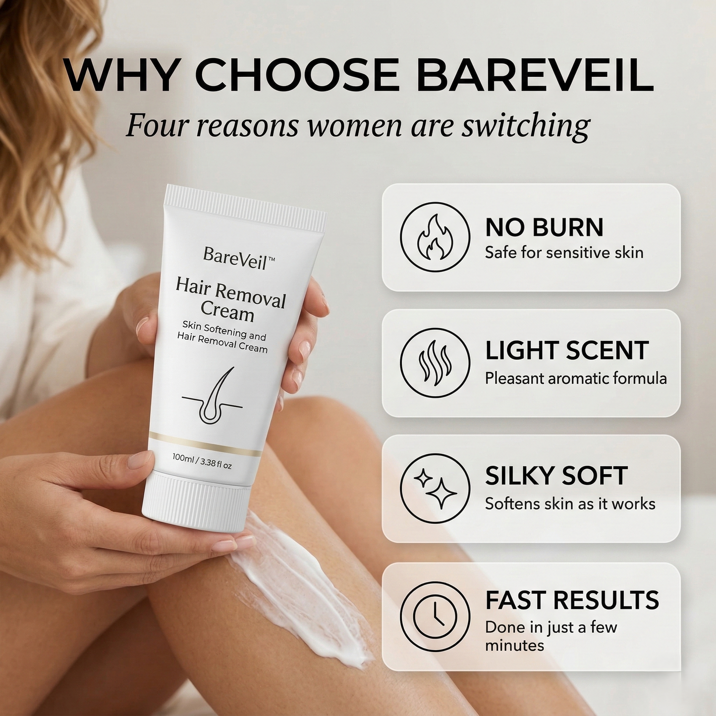 BareVeil™ – Gentle Aromatic Skin-Softening Hair Removal Cream + 1 +1 FREE